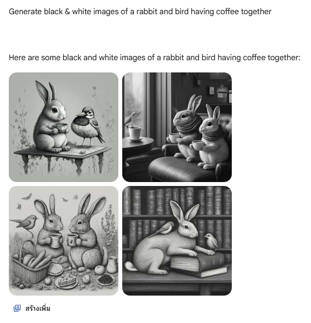 จะเลือกโทนสีเองเลยก็ได้ แค่ระบุเฉดสีลงไป เช่น "Generate black & white images of a rabbit and bird having coffee together"