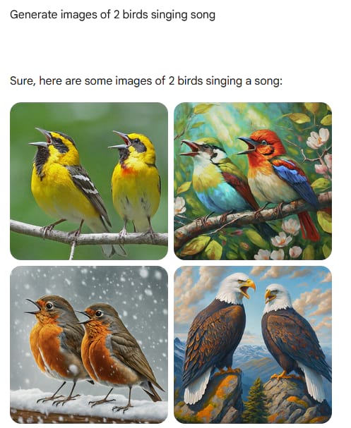 เริ่มเขียนบรรยายลักษณะภาพที่อยากได้เลย เช่น "Generate images of 2 birds singing song"